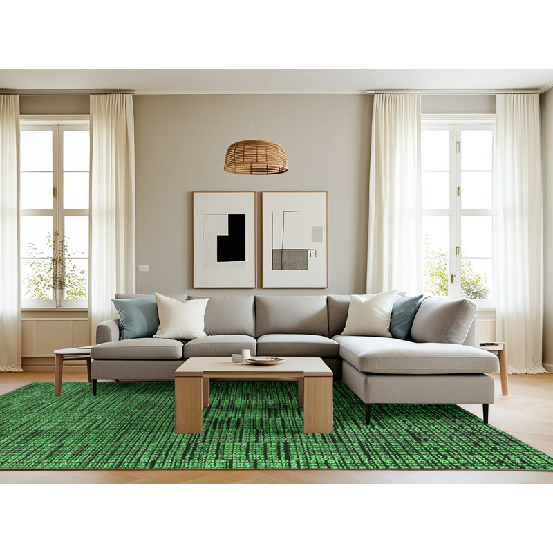Tapis abstrait vert émeraude 4626 lavable à la machine, Rectangle 8 pi x 10 pi