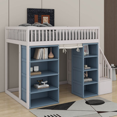 Full Size Loft Bed With 2 Four-Layer Storage Cabinets And Curtain