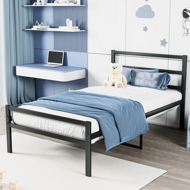 Structure de lit plateforme simple en métal avec tête de lit - Stable, sans sommier, repose-tête et tête de lit silencieux, noir, printemps, nuit