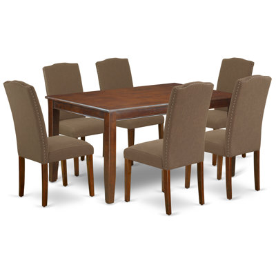 Ensemble de table de salle à manger 7 pièces composé d'une table de salle à manger rectangulaire et de 6 chaises Parson rembourrées en lin café foncé, acajou