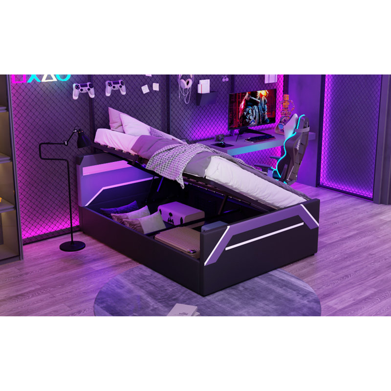 Grand lit de jeu avec tête de lit à DEL intégrée à 7 couleurs, lit plateforme de rangement hydraulique à levage latéral, style Cyberpunk