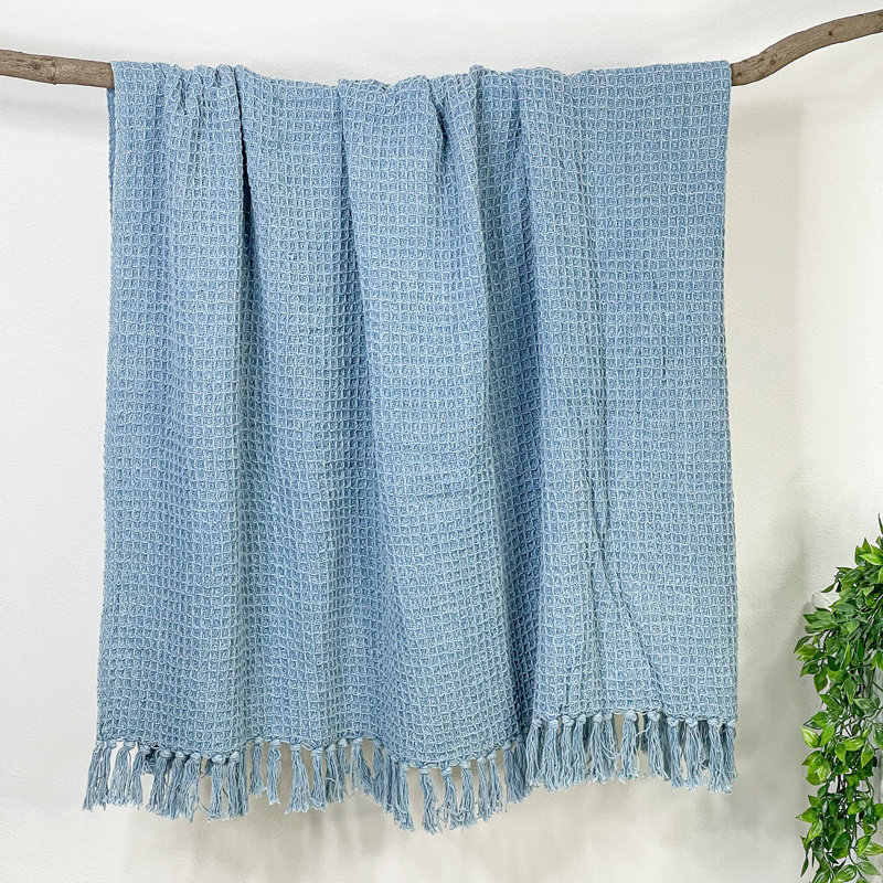 Stonewash Blue Cotton Waffle Weave Throw Blanket