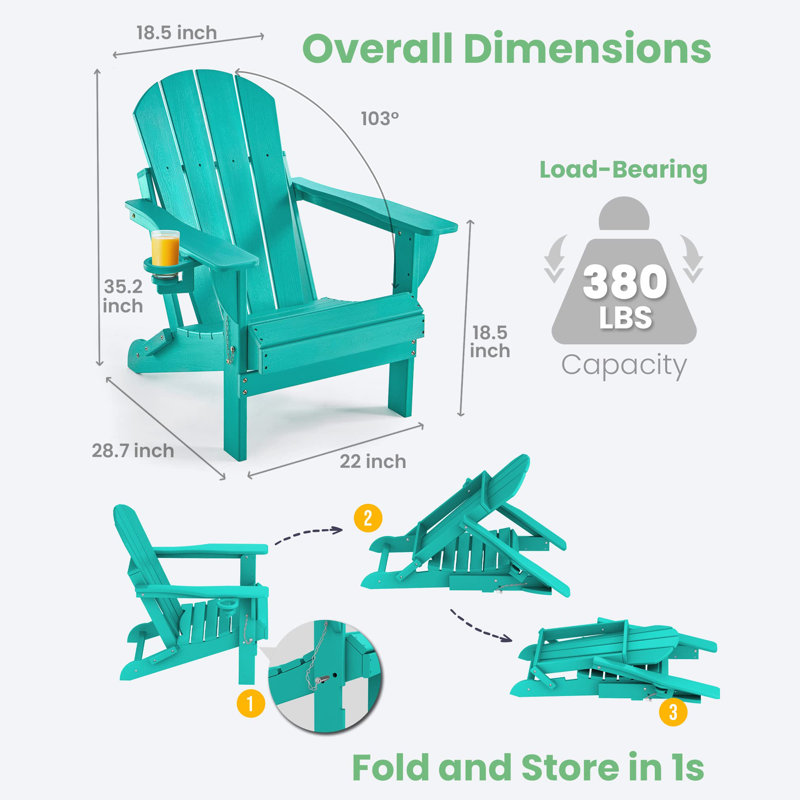 Chaise Adirondack pliante en PEHD pour patio, Bleu lac