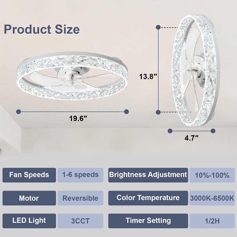 20 Inch Low Profile Ceiling Fan with Light, Ultra-Quiet, App & Remote Control, Dimmable 3 CCT LED, Flush Mount for Bedroom，in White