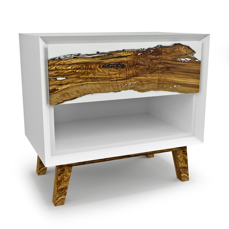Table de chevet 1 tiroir en bois massif blanc / brun