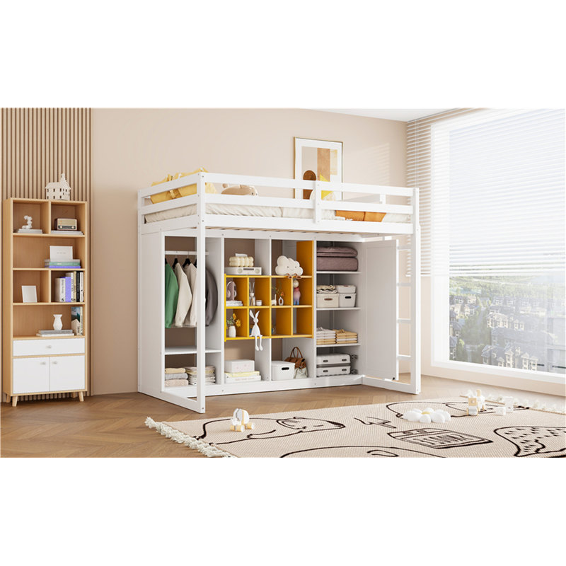 Wood Loft Bed With Wardrobe, Yellow/White, Twin