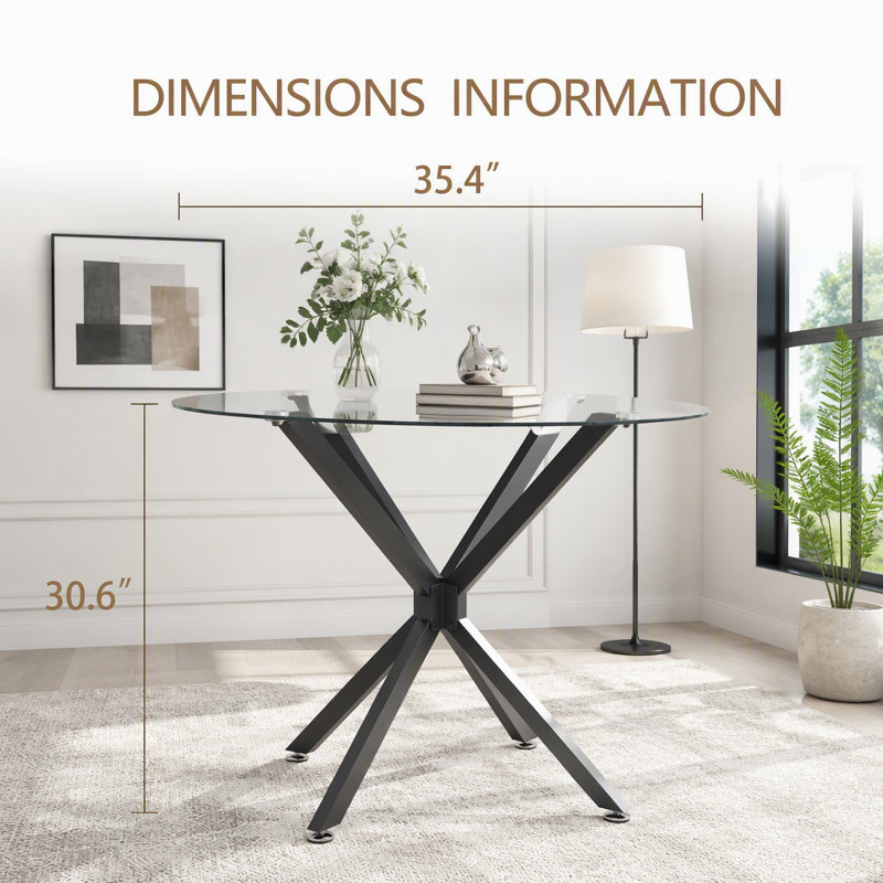 Table de salle à manger ronde en verre trempé de 35,4 pouces