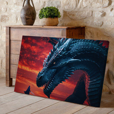 Toile, "Un dragon imposant avec des caractéristiques angulaires tranchantes, un art mural au premier plan"