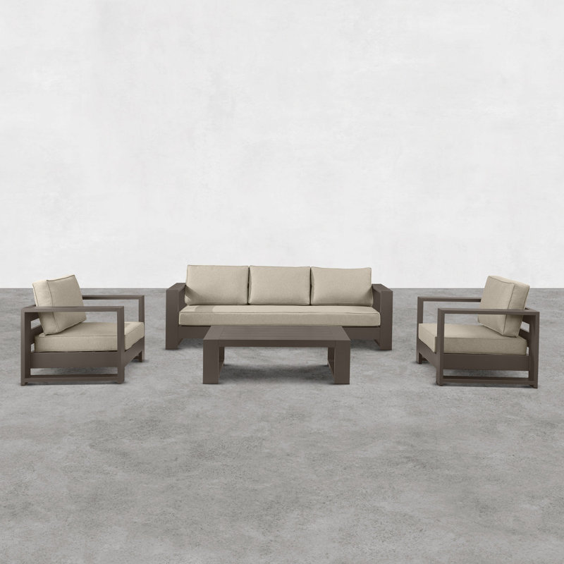Hoyt Outdoor Aluminum 4-Piece Conversation Set with Coffee Table, Bronze/Khaki