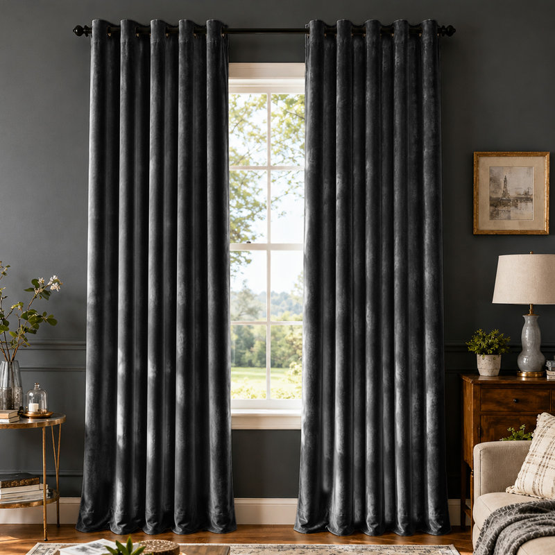 Crushed Velvet Eyelet Window Curtains, 117cm Width x 137cm Drop, Charcoal