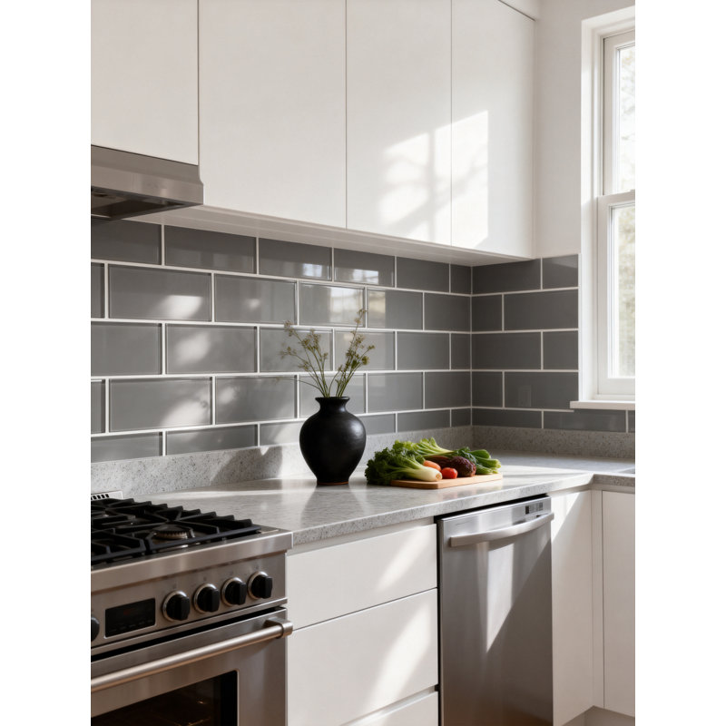 Metro 3 in. x 6 in. Glass Straight Edge Subway Wall & Pool Tile, Pebble Gray