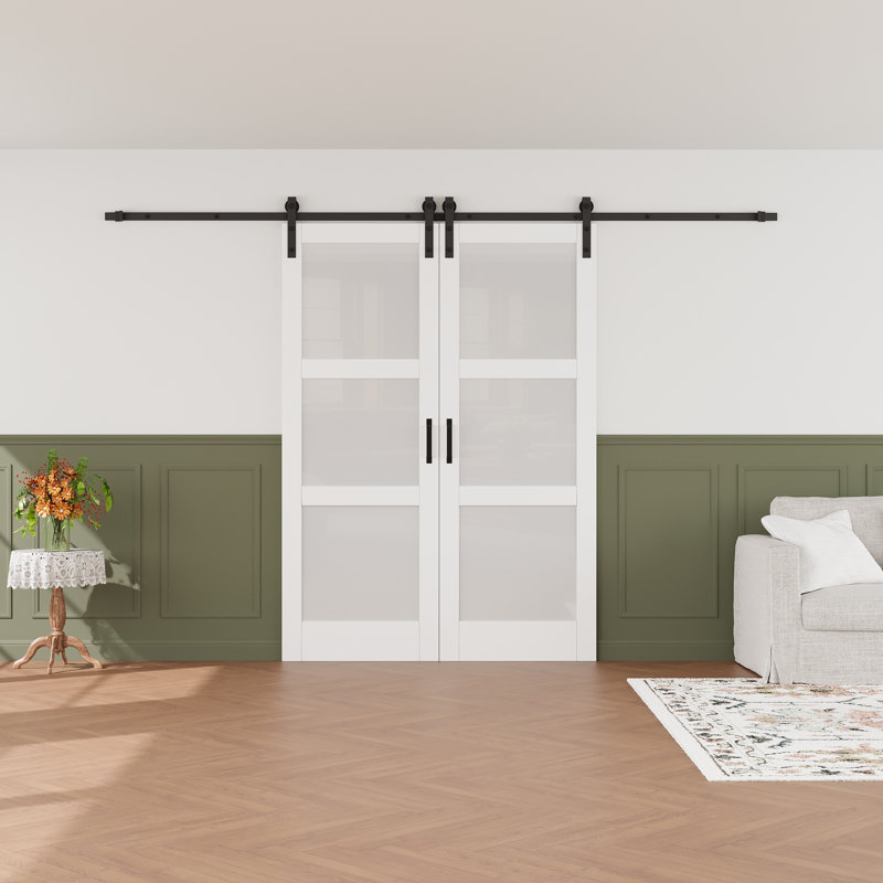 2 Piece Glass and Manufactured Wood Double Sliding Barn Door with Installation Hardware Kit Set, 60'' W × 84'' H