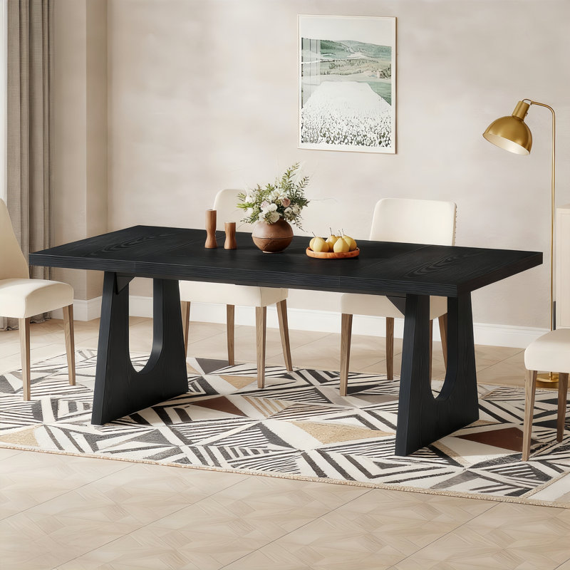 Wood Dining Table For 6-8 People, 70.8" Modern Rectangle Kitchen Table With Wood Base For Dining Room, Black, Black