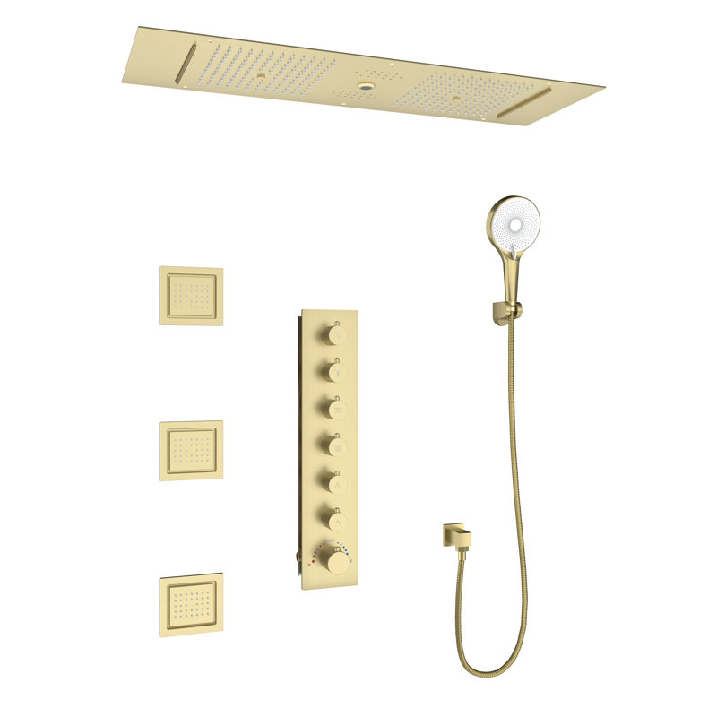 Système de douche thermostatique Bluetooth Rodeo 35 po x 12 po avec douchette à 3 fonctions et 3 jets corporels, Or brossé