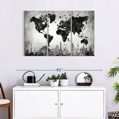 " Charcoal Black World Map " by Finnian P 3 - Pieces