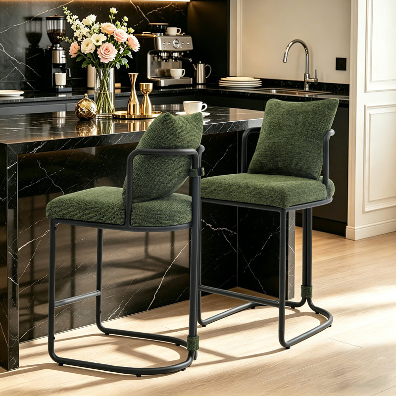 Cindina 26'' Chenille Counter Stools With Backrest & Metal Frame, Modern Upholstered Bar Chairs For Kitchen Island, Green