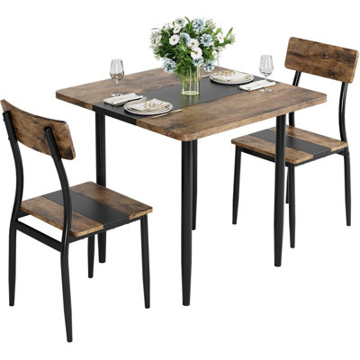 Ensemble de table de salle à manger pour 2 personnes avec chaises, ensemble de table de cuisine 3 pièces avec structure en métal et panneau de fibres à densité moyenne, conception de bureau à deux tons, pour appartement, cuisine, salle à manger, peu encombrant, brun et noir