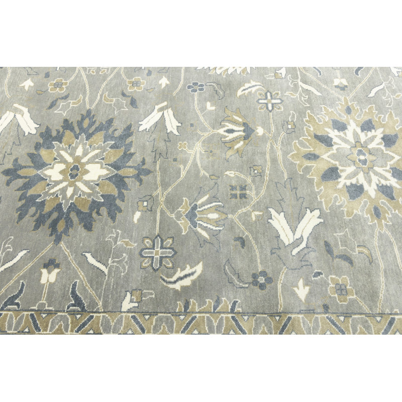 Tapis taupe floral en laine noué à la main 11 pi 10 po x 14 pi 10 po Floral