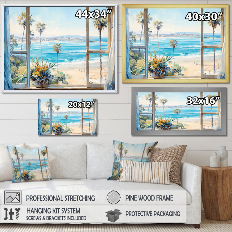 «Coastal Window View By The Beach IV» - art mural côtier, H 12 po x l 20 po x P 1 po, Cadre flottant doré