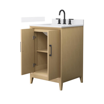 Meuble-lavabo simple 24 po Janna en chêne blanc, comptoir en marbre de culture blanc, lavabo carré encastré (3 trous), garniture noir mat
