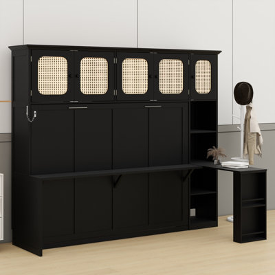 Lit escamotable avec bureau intégré et armoires de rangement en rotin