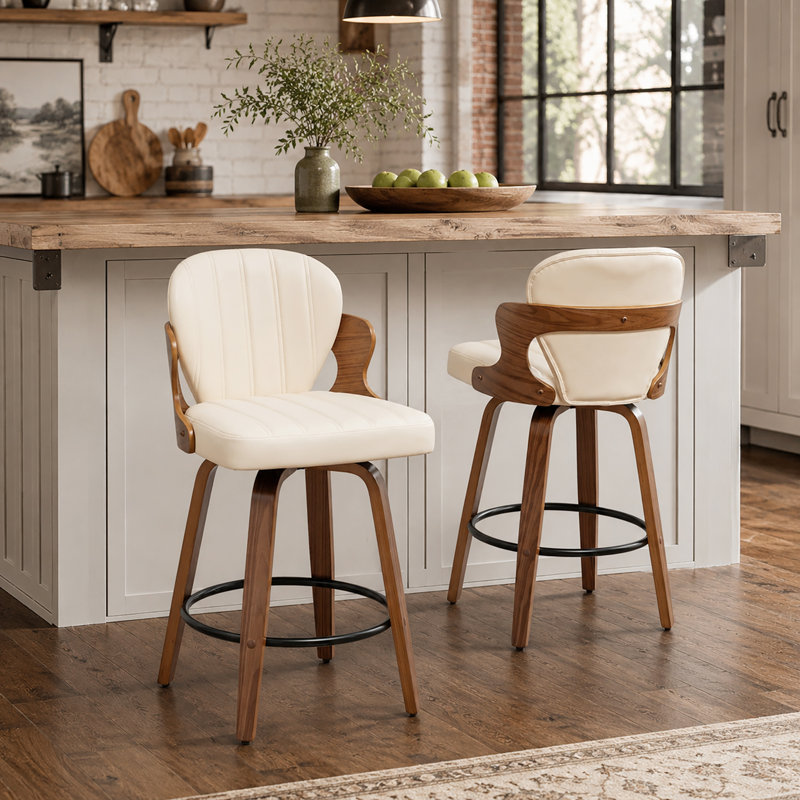 Tabourets de bar pivotants en bois et en similicuir Xaviera (ensemble de 2), Beige, Ensemble de 2