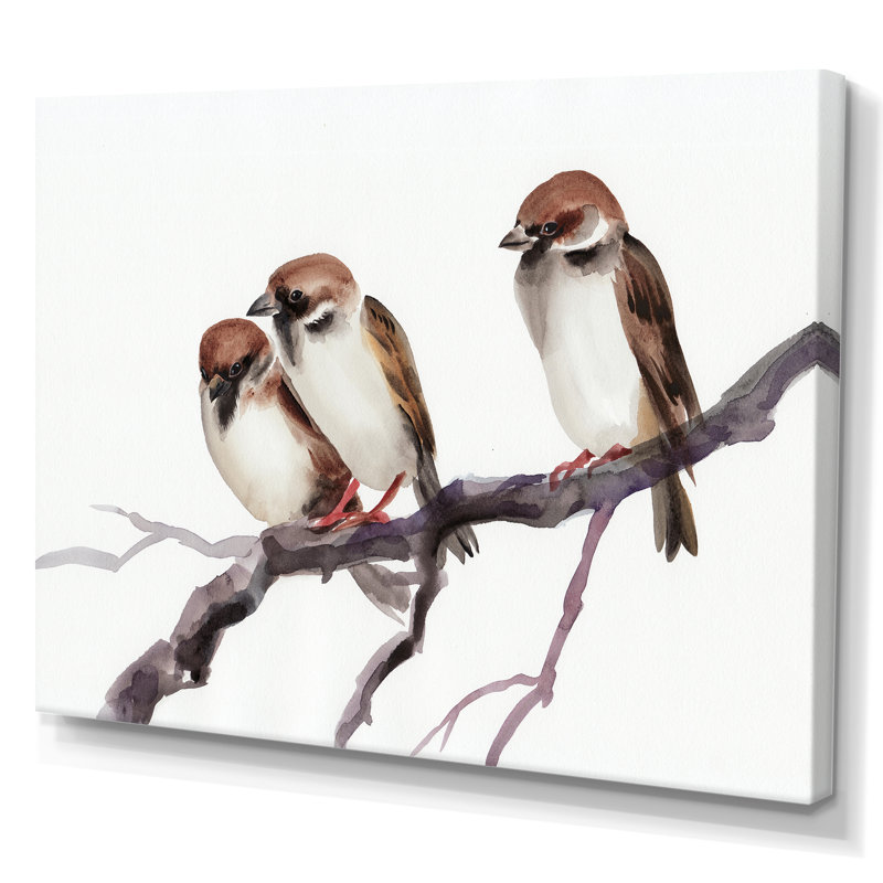 Trois moineaux sur une branche - peinture sur toile, H 34 po x l 44 po, Toile tendue
