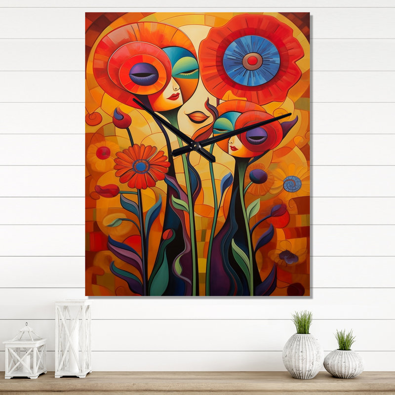 Cat Portrait Blossoming Retro Poppies - Poppies Modern Wall Clock, Large