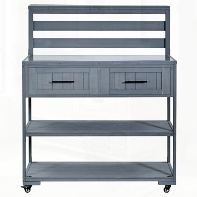 Chariot en bois massif pour îlot de cuisine avec plateau en acier inoxydable, tablette surélevée, tiroirs et table de préparation pour barbecue et fêtes