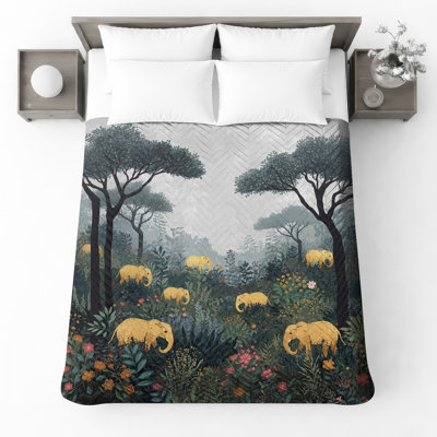 Elephants In Forest Quilted Bedspread All Sizes