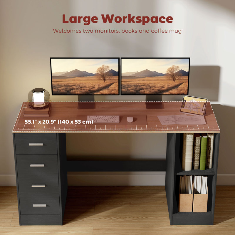 Bureau d'ordinateur avec 4 tiroirs réversibles, bureau 55 po, noir, Noir