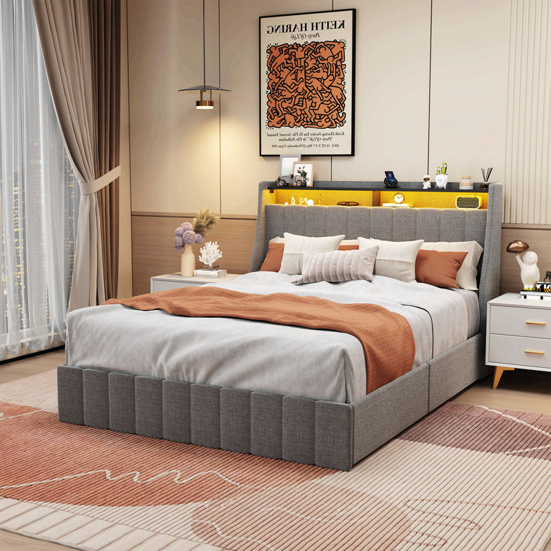 Bed Frame With LED, 4 Under-Bed Portable Storage Drawers, Wings Headboard Design, Light Gray, Queen