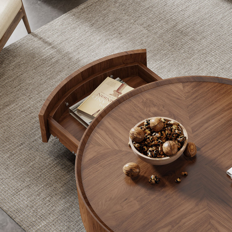 Crantor Round Coffee Table with 2 Storage Drawers Walnut Wood Grain Pattern Living Room Coffee Table