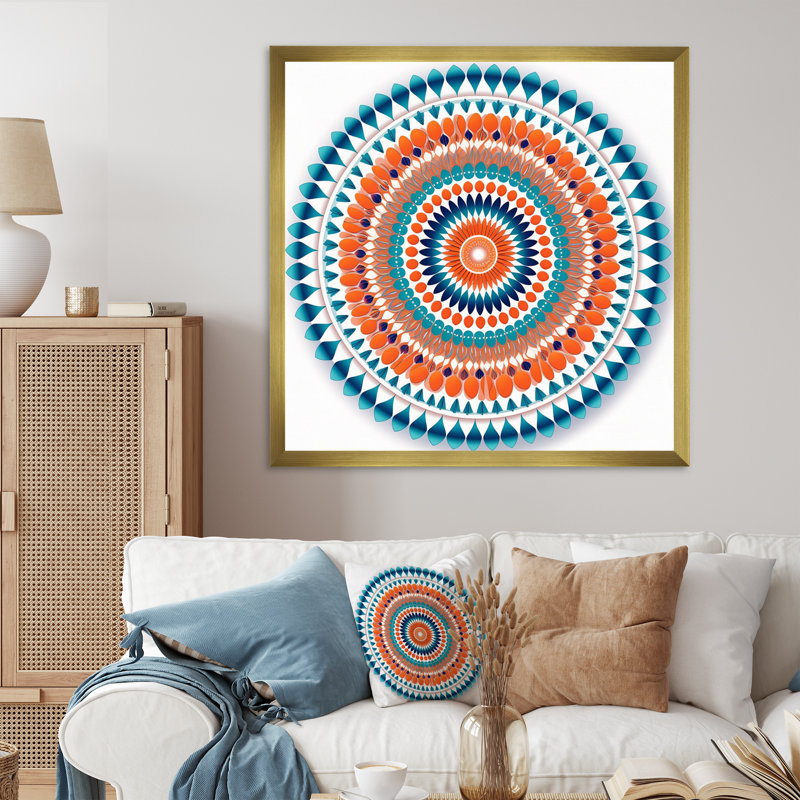 Exquis mandala en rétro bleu et orange sur toile, H 36 po x l 36 po x P 1,5 po, Cadre doré à une seule photo