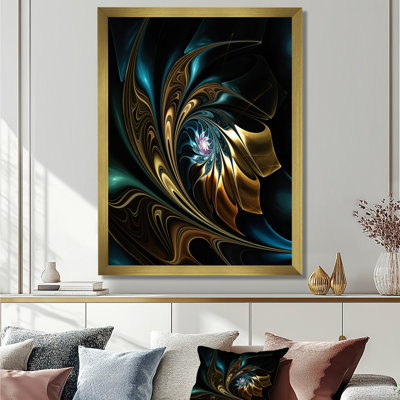 Fleur noire dorée moderne - art mural fleur fractale, impression avec fleur noire