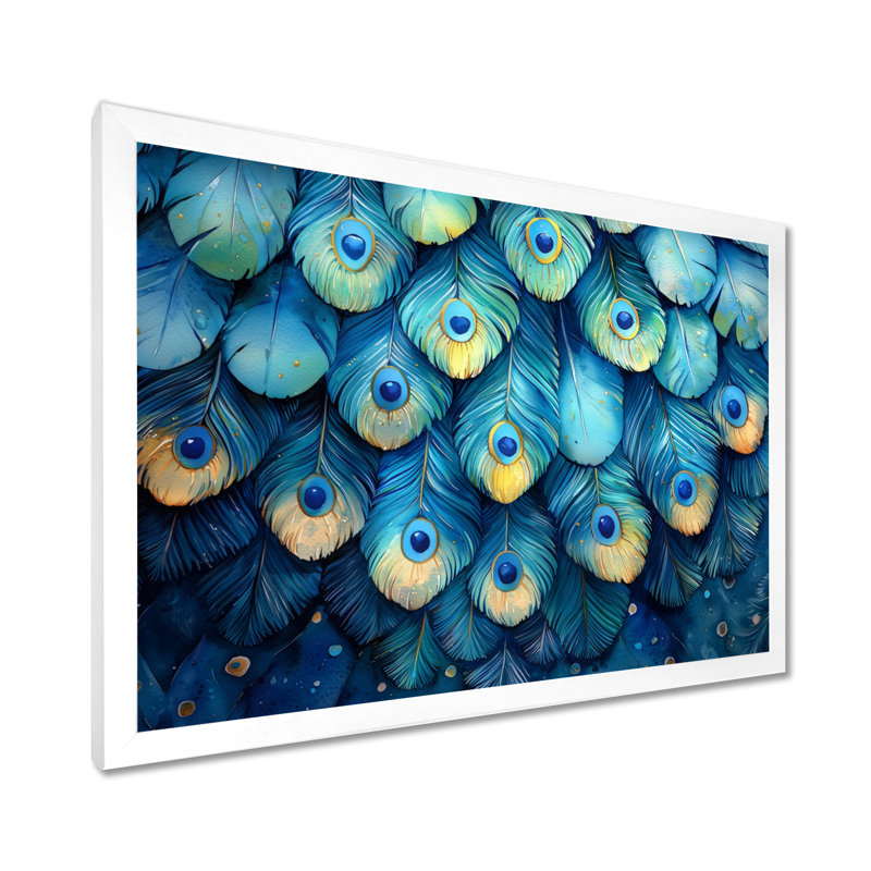 Peacock Feather Collage - art mural oiseau, Cadre flottant, H 24 po x l 32 po, Blanc