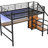 Full Size Metal Loft Bed In Black With Desk, Storage Staircase, Small Wardrobe, Led For Painting Drawing