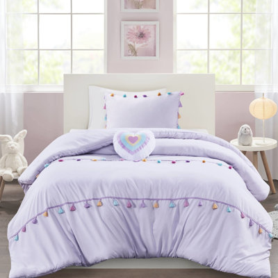 Édredon pour lit simple avec 2 taies décoratives et coussin en forme de cœur - Microfibre lavande avec pampilles