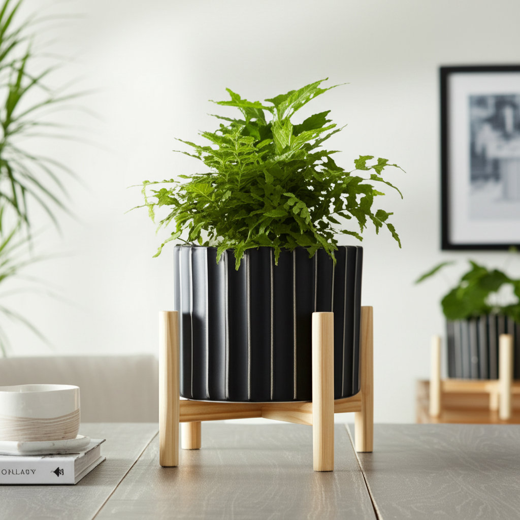 Ceramic Planter with Stand - Fluted Stoneware Pot and Pine Wood Base, Modern Decorative Plant Holder. Wade Logan® 