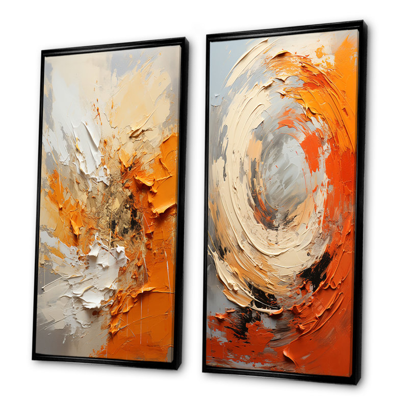 Échos orange et beige de formes modernes I - ensemble de 2 reproductions d'art sur toile, Cadre flottant noir