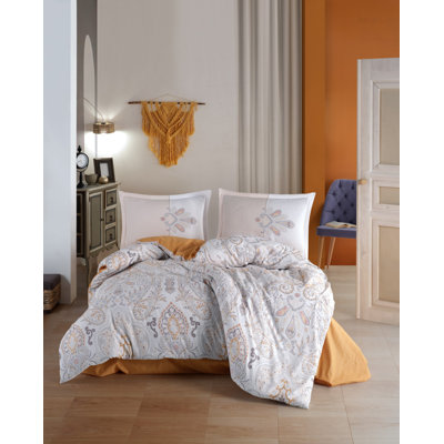 Ensemble de housse de couette 100% coton 3 pièces blanc ciel / orange / gris