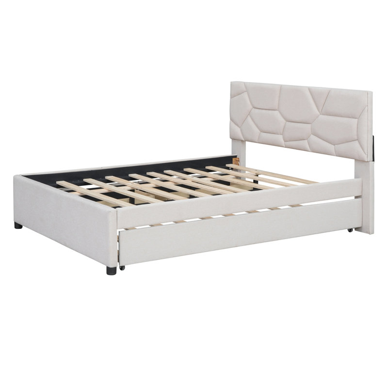 Lit plateforme tapissier avec tête de lit à motif brique, gigogne simple et deux tiroirs, tissu en lin
