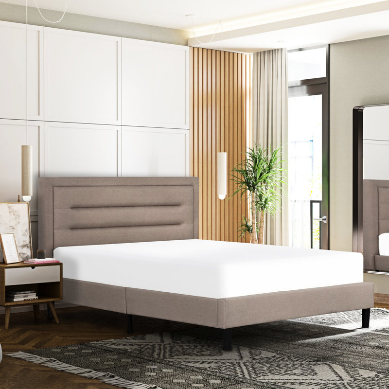Contemporain, brun, lit double, lit tapissier, tête de lit, capitonnage horizontal, structure en contreplaqué, lattes, pieds, installation rapide, plateforme d'expédition compacte, conception moderne en bois massif, bois massif, facile