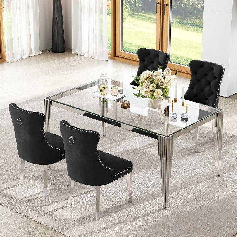 65" Glass Dining Set Of 5, Modern Rectangular Tempered Glass Table With Irregular Round Tube Stainless Steel Legs And 4 Velvet Upholstered Dining Chairs With Nailhead Trim