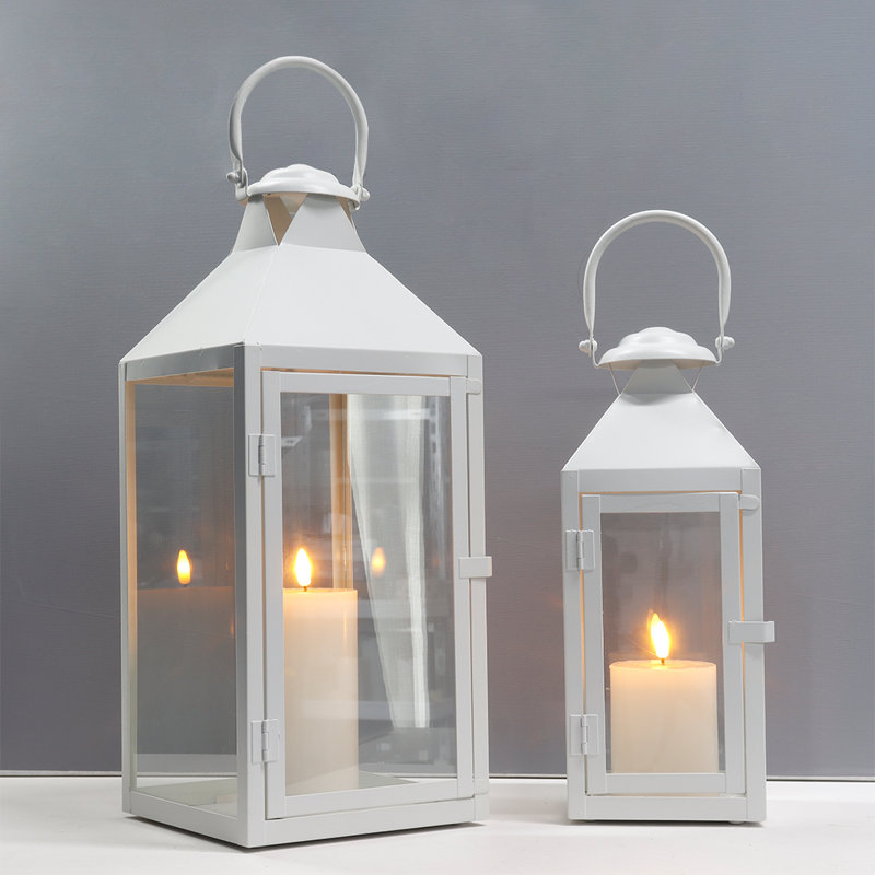 2 Piece Glass & Metal Tabletop Lantern Set, White