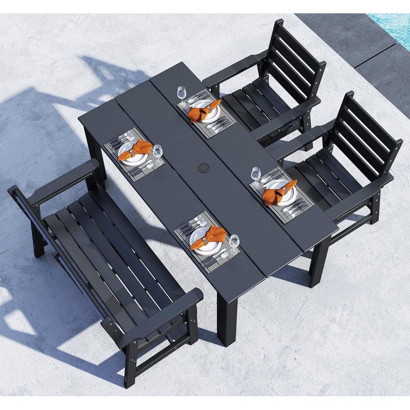 Table de patio en PEHD + chaises de salle à manger + banc, 4 pièces: table, 2 chaises, banc, Noir