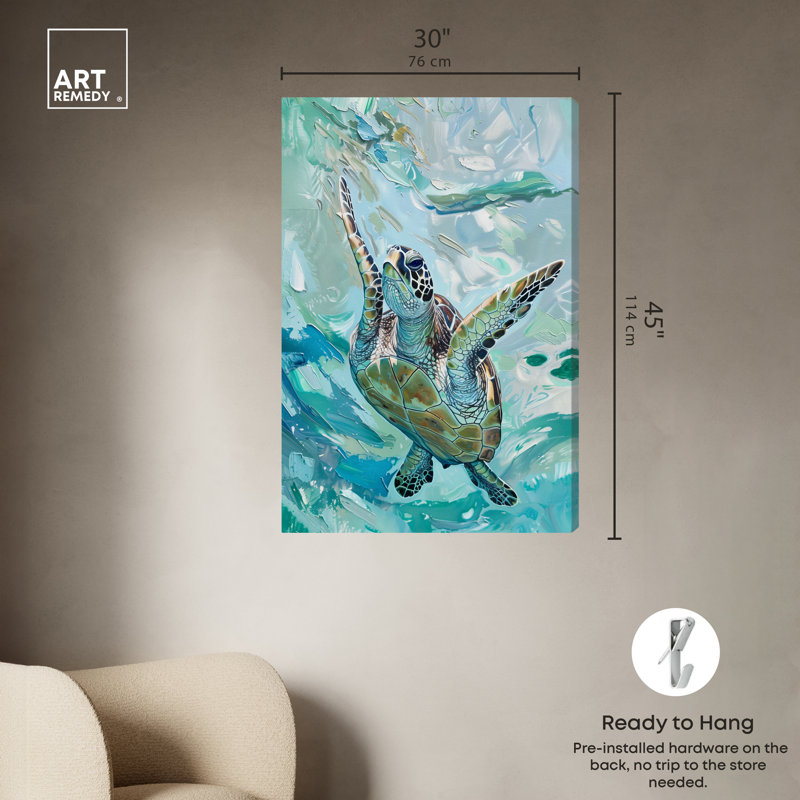 Art Remedy Serene Turtle Framed Colorful Coastal 1 Piece Canvas Wall Art 57715, 45" H x 30" W, Wrapped Canvas