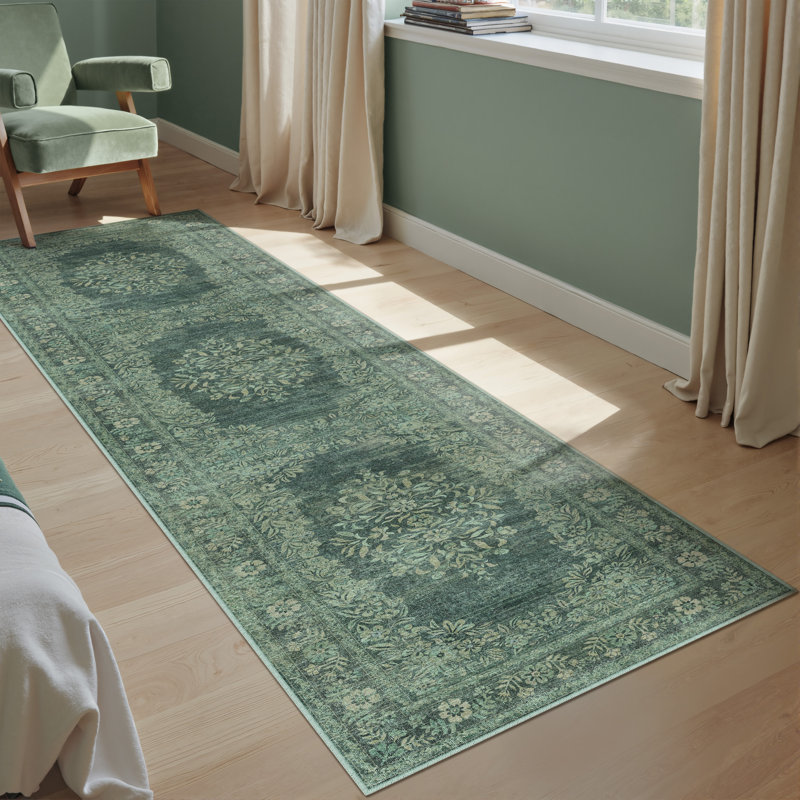 Stella Machine Washable Oriental Area Rug With Non-Slip Backing, Runner 2' x 8', Green