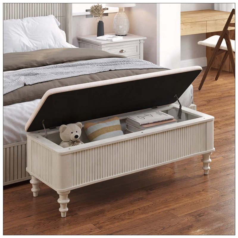 Banc de rangement avec repose-pieds en bois d'hévéa massif de 50,8 pouces avec siège en lin, Beige