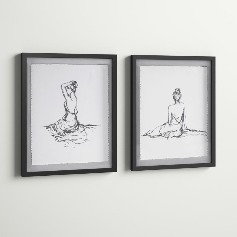 Framed Original Single Line Contour Drawing on Handmade Deckle Edge Paper Framed Original Single Line Contour Drawing on Handmade Deckle Edge Paper